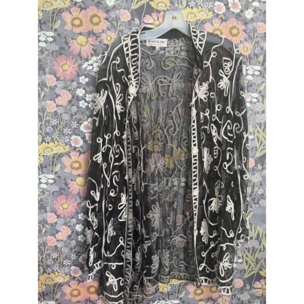 Brownstone Studio New York Black Sheer Embroidered Kimono Jacket Cardigan 22W